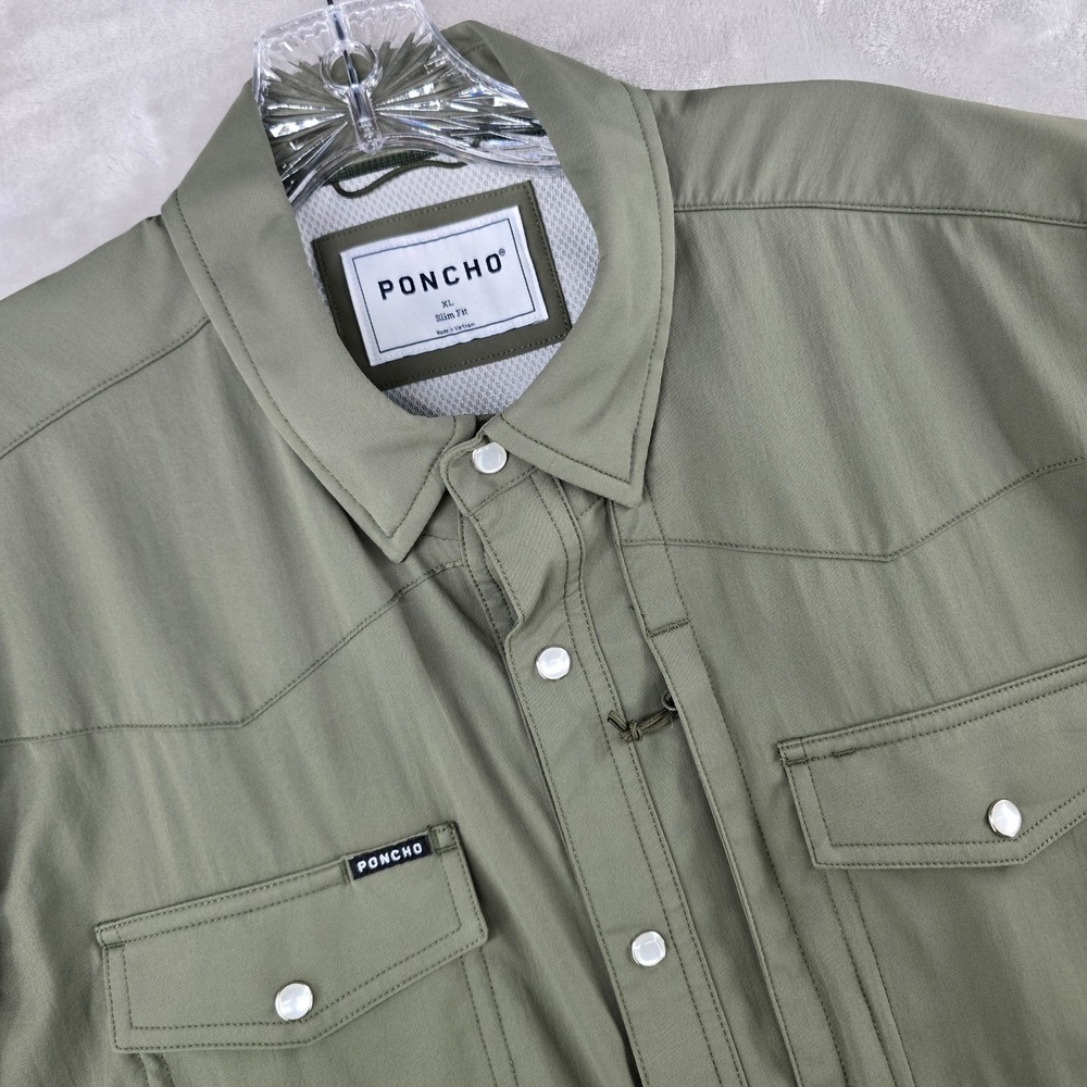 Poncho Shirt Men XL Slim Green Short Sleeve Western Snap Performance Outdoor